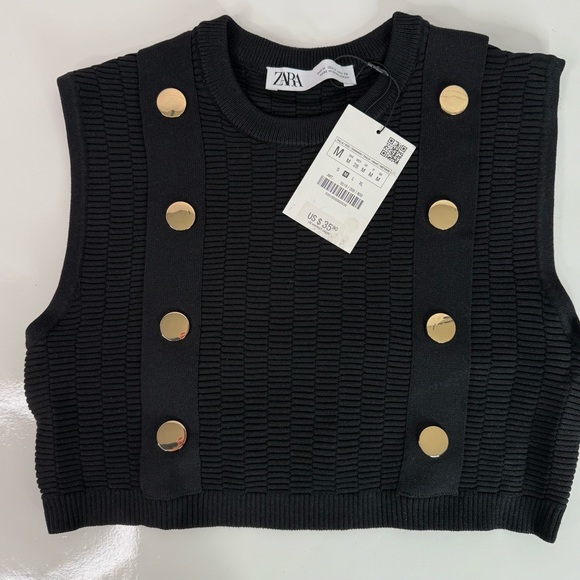 NEW ZARA M Black Sleeveless Crop Top Knit Vest Gold Button Accents Medium NWT - Picture 11 of 13